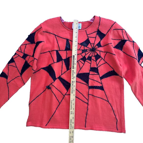 Quacker Factory Halloween Beaded Spiderweb Cardigan Womens Sz L Orange Black NEW - Picture 15 of 16